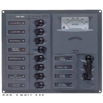 BEP Marinco Contour AC Mains Panel with Manual Changeover Switch + 8 Circuit Breakers + Analog Volt Meter - Horizontal (113224 - SUR 900-AC2H-AM)