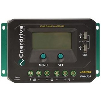 Enerdrive ePOWER PWM 30A Solar Charge Controller - 12 or 24V - 450W Input - 30A Output - LCD Display with Voltage and Amps (EN43030)